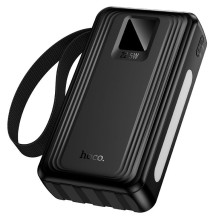 20000 mAh QC išorinė baterija PD 22,5W su integruotais USB A + USB C + „Lightning“ + Micro USB laidais ir dviem lemputėm