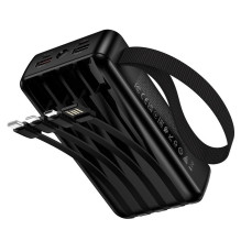 20000 mAh QC išorinė baterija PD 22,5W su integruotais USB A + USB C + „Lightning“ + Micro USB laidais ir dviem lemputėm