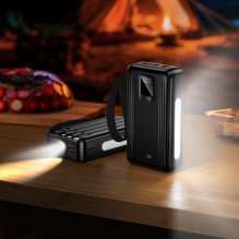 20000 mAh QC išorinė baterija PD 22,5W su integruotais USB A + USB C + „Lightning“ + Micro USB laidais ir dviem lemputėm