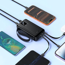 20000 mAh QC išorinė baterija PD 22,5W su integruotais USB A + USB C + „Lightning“ + Micro USB laidais ir dviem lemputėm