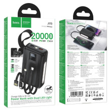 20000 mAh QC išorinė baterija PD 22,5W su integruotais USB A + USB C + „Lightning“ + Micro USB laidais ir dviem lemputėm