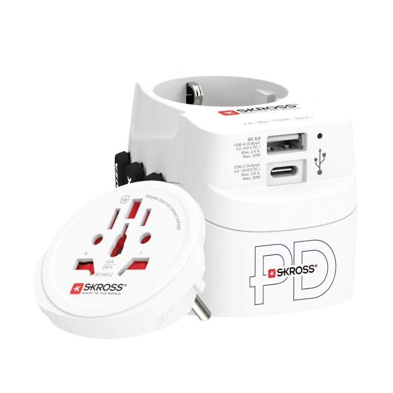 Skross PRO Light USB AC30PD Pasaules ceļojumu adapteris, visai pasaulei
