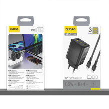 Įkroviklis Dudao A29C GaN 65W 2xUSB-C / USB-A + USB-C to USB-C cable 1.0m juodas Įkroviklis Dudao A29C GaN 65W 2xUSB-C / USB-A + USB-C to USB-C cable 1.0m juodas