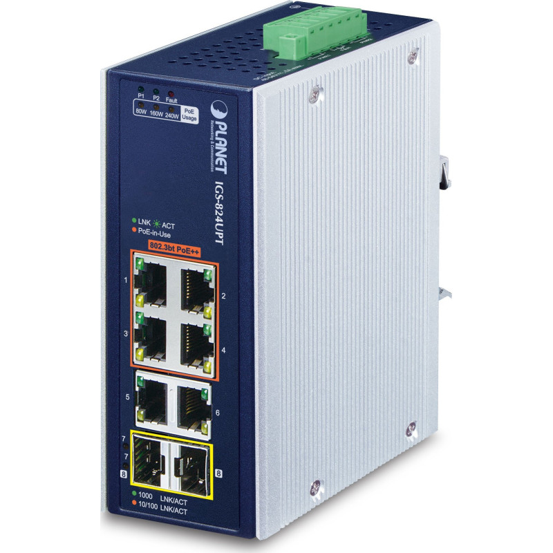 PLANET Industrial 4-Port GE 802.3at + 2 GE + 2 100 / 1000X SFP switch