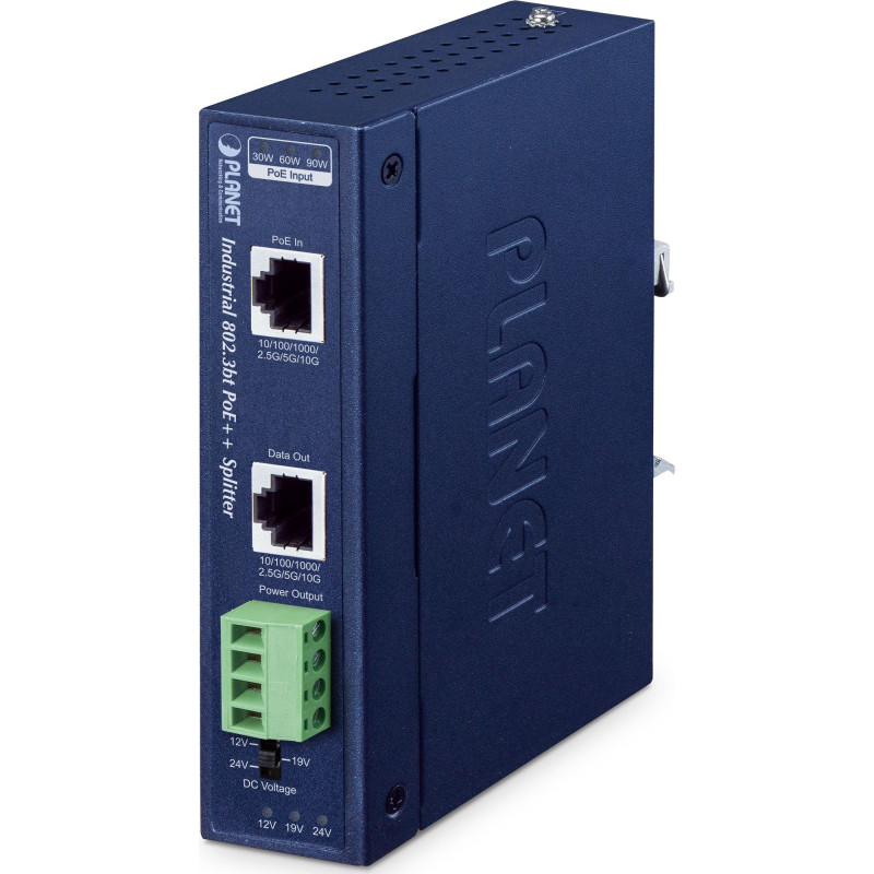 PLANET IP30 rūpnieciskais vienporta 10Gbps 802.3bt PoE++ sadalītājs 24 V
