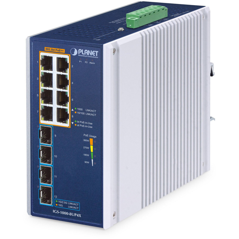 Switch Planet IP30 Industrial 8-Port 10 / 100 / 1000T 802.3bt PoE + 4-Port 10G SFP+ Ethernet switch (360W PoE budget, Po
