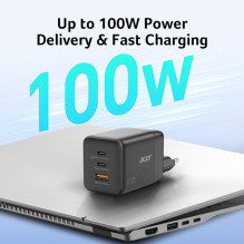 Acer įkroviklis 100W 2 x USB-C + 1 x USB-A prievadai, juodos spalvos Acer įkroviklis 100W 2 x USB-C + 1 x USB-A prievadai, juodos spalvos