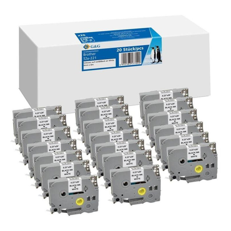 20x G&amp;G Juostos etiketė 9mm x 8m juodai balta suderinama su Brother TZe-221