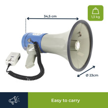 Megaphone, 25 W, 500 m, siren, voice function, whistle signal, removable microphone