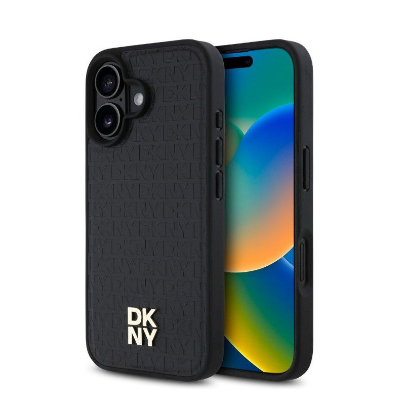 DKNY Apple iPhone 16 Plus PU odos dėklas su pasikartojančiu raštu ir „Stack“ logotipu, juodas