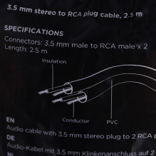 Gembird 2,5 m, 3,5 mm / 2xRCA, M / M garso kabelis juodas, raudonas, baltas Gembird 2,5 m, 3,5 mm / 2xRCA, M / M garso kabelis juodas, raudonas, baltas