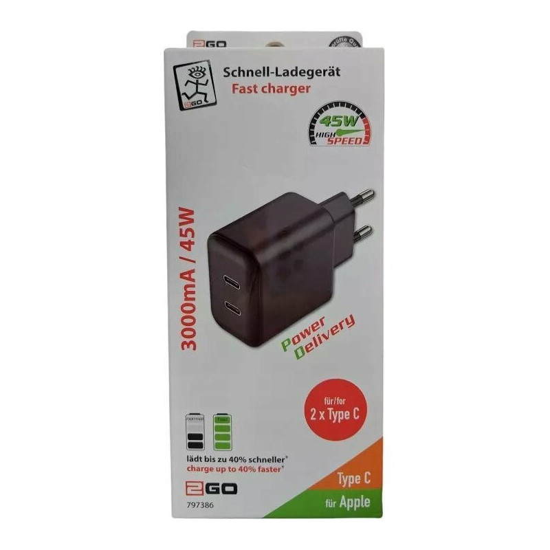 2GO Kroviklis 45W 2 lizdų 2x USB-C Black