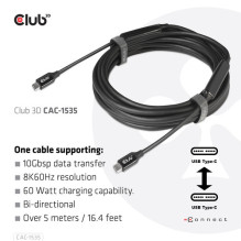 USB kabelis Club 3D USB-C - USB-C 5 m Black (CAC-1535) USB kabelis Club 3D USB-C - USB-C 5 m Black (CAC-1535)