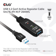 Club3D USB 3.2 A prailginimo kabelis 5m Aktyvus 5 Gbps standartinis lizdas, mažmeninė prekyba Club3D USB 3.2 A prailginimo kabelis 5m Aktyvus 5 Gbps standartinis lizdas, mažmeninė prekyba