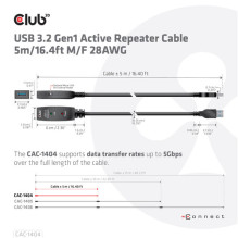 Club3D USB 3.2 A prailginimo kabelis 5m Aktyvus 5 Gbps standartinis lizdas, mažmeninė prekyba Club3D USB 3.2 A prailginimo kabelis 5m Aktyvus 5 Gbps standartinis lizdas, mažmeninė prekyba