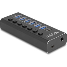 USB centrmezgls Delock DELOCK 7 portu USB centrmezgls ar 4 portiem 10 Gbps un 4 ātrās uzlādes portiem 5 Gbps ar slēdzi u USB centrmezgls Delock DELOCK 7 portu USB centrmezgls ar 4 portiem 10 Gbps un 4 ātrās uzlādes portiem 5 Gbps ar slēdzi u