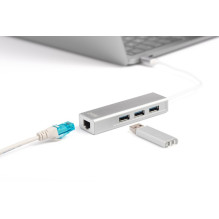 DIGITUS USB adapteris USB3.0 / C - GB Ethernet + 3 portu centrmezgls white