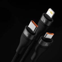 Baseus Universal Flash Series 3 viename greito įkrovimo duomenų kabelis (USB-A į Micro + Lightning + Type-C) 100W, 1.2m 