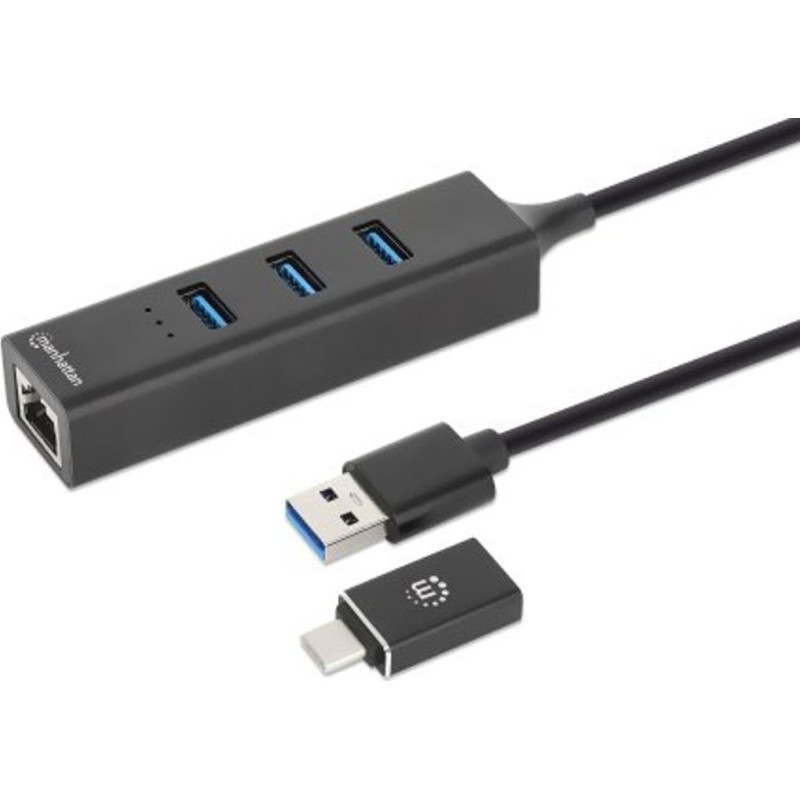 HUB USB Manhattan Manhattan 180894 USB 3.2 Gen 1 (3.1 Gen 1) Type-A + Type-C šakotuvas 5000 Mbit / s Black
