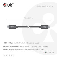 Club3D USB-C cable 80Gbps certified PD240W / 8K240Hz 1.2m St / St retail Club3D USB-C cable 80Gbps certified PD240W / 8K240Hz 1.2m St / St retail