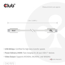 Club3D USB-C kabelis 80Gbps sertifikuotas PD240W / 8K240Hz 1,2m White retail Club3D USB-C kabelis 80Gbps sertifikuotas PD240W / 8K240Hz 1,2m White retail