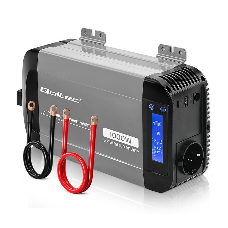 Gryno sinusoidės keitiklis, 12 V į 230 V, 500 / 1000 W, LCD, USB, USB-C, suderinamas su LiFeP