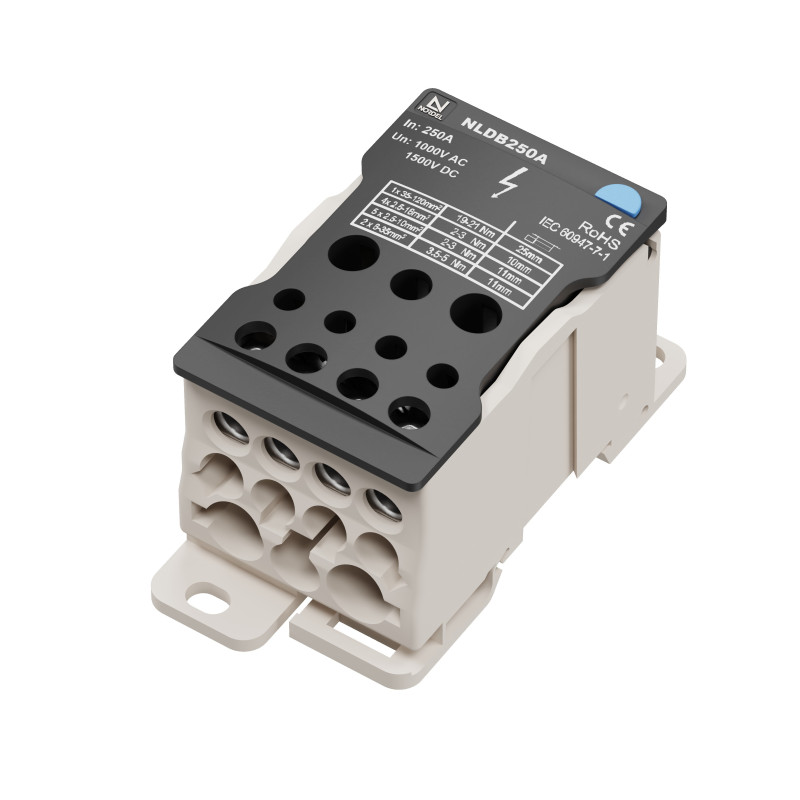 NLDB distribution block Al / Cu 250A Input: 1x35-120 mm². Output: 2x6-35 / 4x2.5-10 / 5x2.5-16 mm². 1000V