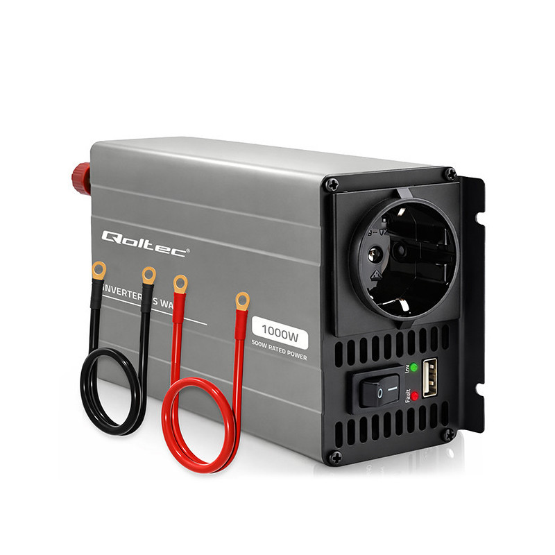 Įtampos keitiklis su modifikuota sinusine banga, 12 V į 230 V, 500 / 1000 W, USB, suderinamas su LiFePO4