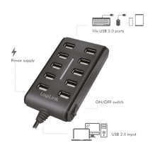 „LogiLink“ USB 2.0 10 prievadų šakotuvas su įjungimo / išjungimo jungikliu