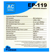 Inter-Tech Wi-Fi 5 USB Adapter Argus EP-119, Bluetooth 4.2 Inter-Tech Wi-Fi 5 USB Adapter Argus EP-119, Bluetooth 4.2