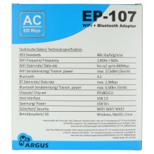 Inter-Tech Wi-Fi 5 USB Adapter Argus EP-107, Bluetooth 4.2 Inter-Tech Wi-Fi 5 USB Adapter Argus EP-107, Bluetooth 4.2