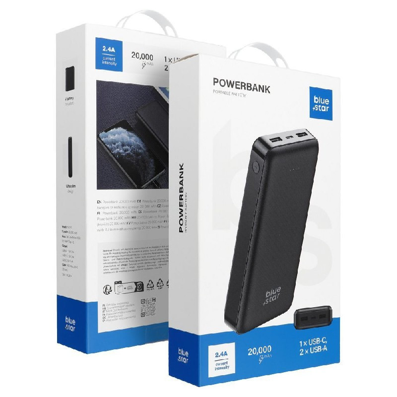 Išorinė baterija POWER BANK Blue Star (W2015) 20000mAh (2xUSB 1xType-C) juoda