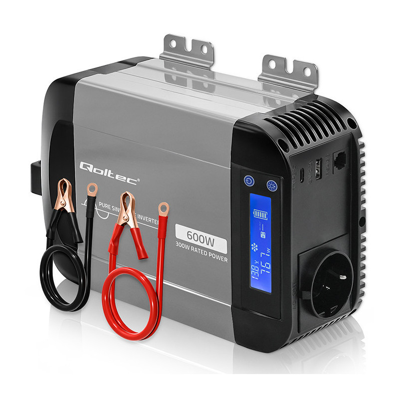 Grynos sinusinės bangos keitiklis, 12V iki 230V, 300 / 600W, LCD, USB, USB-C, LiFePO suderinamas