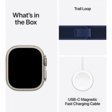 „Apple Watch Ultra 2“ (2024) 49 mm natūralaus titano spalvos / mėlynos spalvos „Trail Loop“ – S / M „Apple Watch Ultra 2“ (2024) 49 mm natūralaus titano spalvos / mėlynos spalvos „Trail Loop“ – S / M
