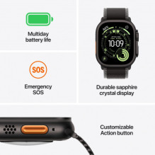 „Apple Watch Ultra 3“, 49 mm, juodo titano spalvos / juodos spalvos / anglies spalvos „Trail Loop“ – S / M