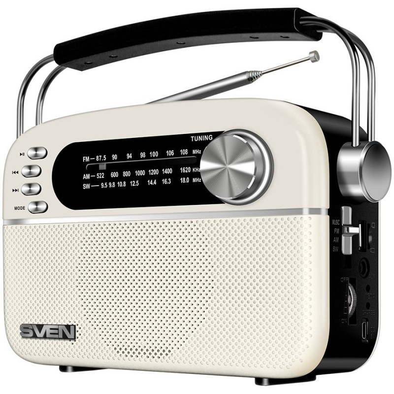„Sven“ garso kolonėlė SVEN SRP-505, balta (3W, „Bluetooth“, FM / AM / SW, USB, „microSD“, AUX, baterija)