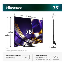 190,5 cm (75 colių) 3840 x 2160 pikselių Hisense Germany GmbH 20019322 16:9 4K Ultra HD DLED 8 ms SmartTV HDMI VESA 400 