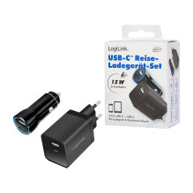 Logilink USB-A / C įkrovimo rinkinys, 15 W, kiekvienas 1x USB-A, 1x USB-C, juodas