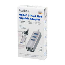 Logilink USB 3.2 Gen1 Hub, 3-port, with Gigabit Ethernet Adapter, USB-A+C, aluminum