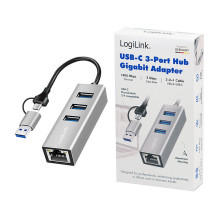 Logilink USB 3.2 Gen1 Hub, 3-port, with Gigabit Ethernet Adapter, USB-A+C, aluminum