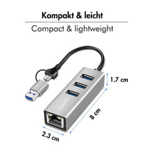 Logilink USB 3.2 Gen1 Hub, 3-port, with Gigabit Ethernet Adapter, USB-A+C, aluminum