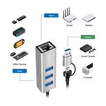Logilink USB 3.2 Gen1 Hub, 3-port, with Gigabit Ethernet Adapter, USB-A+C, aluminum