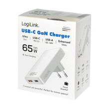 Logilink USB Steckdosena adapteris 1xUSB-A, 1xUSB-C, 65W weiß Logilink USB Steckdosena adapteris 1xUSB-A, 1xUSB-C, 65W weiß