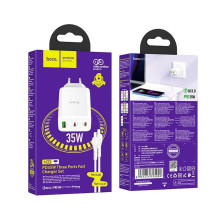 Hoco Telefono įkroviklis Hoco 2 x USB C + USB A QC3.0 PD 3A 35W + cable USB C–Lightning N33 baltas Hoco Telefono įkroviklis Hoco 2 x USB C + USB A QC3.0 PD 3A 35W + cable USB C–Lightning N33 baltas