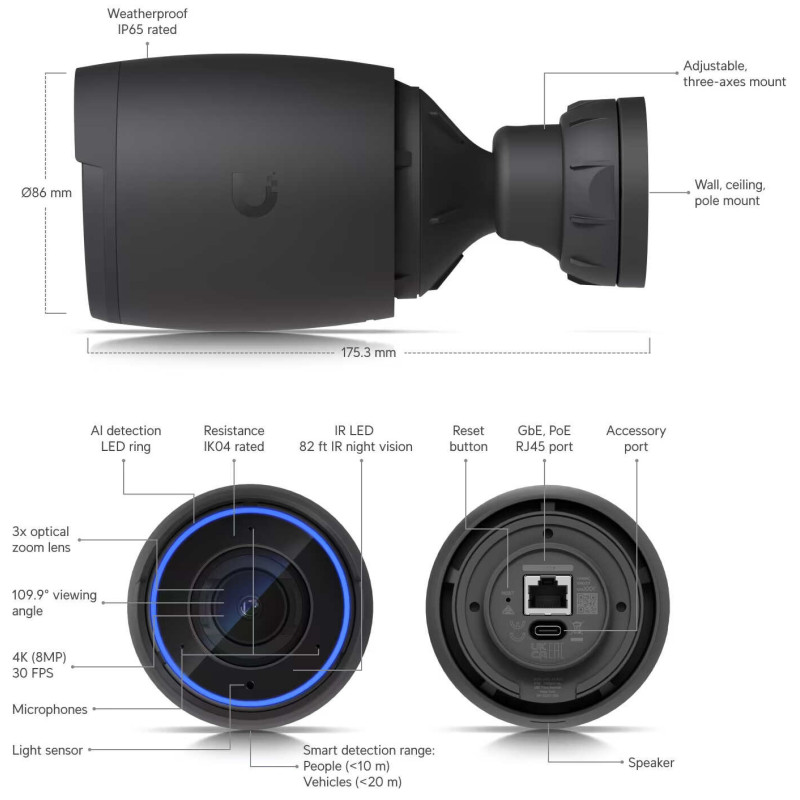 Kamera UBIQUITI UniFi UVC-AI-Pro (Juoda, 8MP, 25m. IR)