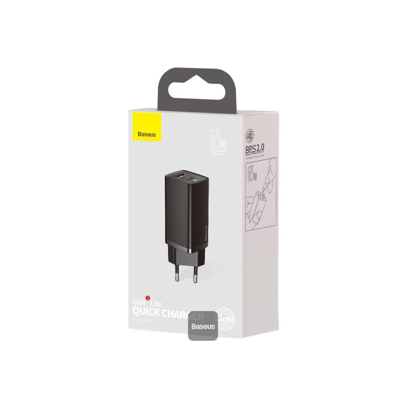 Sieninis įkroviklis Baseus GaN2 Lite CCGAN2L-B01 (Juodas, 65 W, USB-C + USB, QC4+, PD3.0)