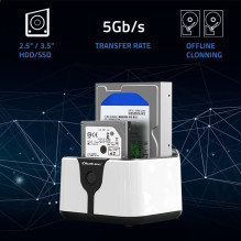 „Qoltec 50309“ HDD SSD 2,5–3,5 colių įstrižainės prijungimo stotelė, SATA III, USB 3.0, itin greitas 5 Gb/s, su klonavim „Qoltec 50309“ HDD SSD 2,5–3,5 colių įstrižainės prijungimo stotelė, SATA III, USB 3.0, itin greitas 5 Gb/s, su klonavim