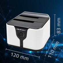 „Qoltec 50309“ HDD SSD 2,5–3,5 colių įstrižainės prijungimo stotelė, SATA III, USB 3.0, itin greitas 5 Gb/s, su klonavim „Qoltec 50309“ HDD SSD 2,5–3,5 colių įstrižainės prijungimo stotelė, SATA III, USB 3.0, itin greitas 5 Gb/s, su klonavim