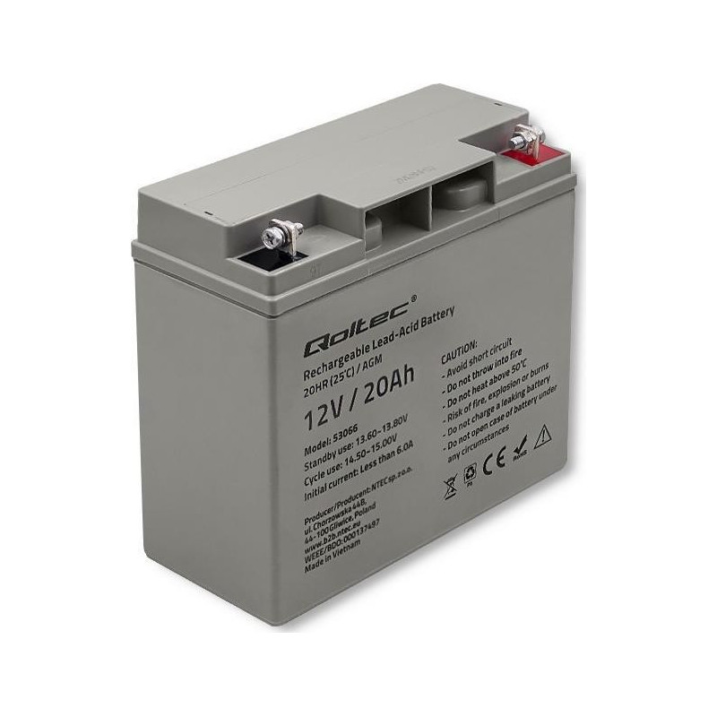 „Qoltec 53066“ UPS akumuliatorius, hermetiškas, švino rūgšties (VRLA), 12 V, 20 Ah