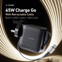 Kelioninis įkroviklis X-ONE „ChargeGo GaN“ 65W su ištraukiamu cable ir USB C port - juodas